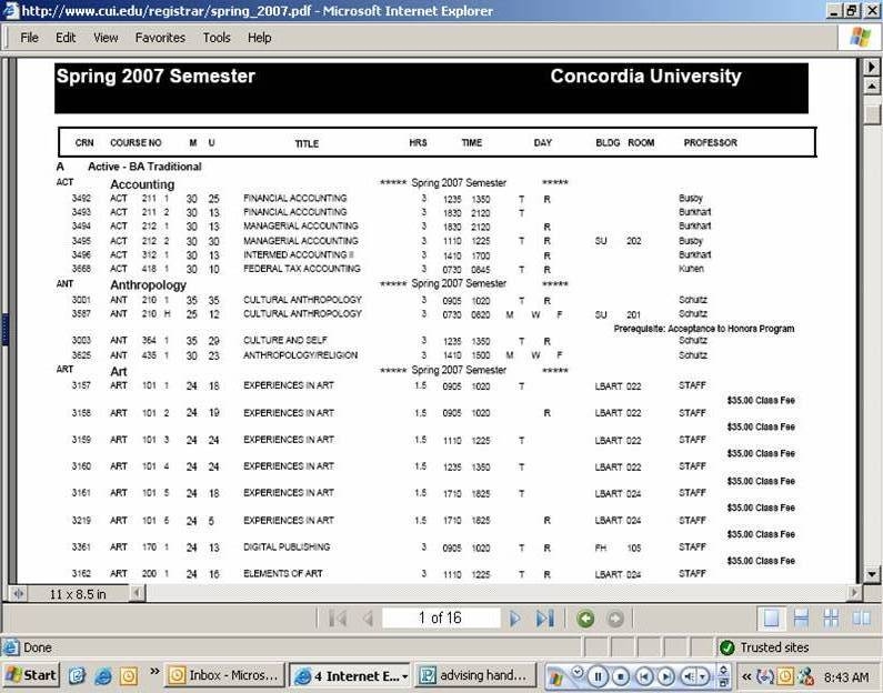 course schedule